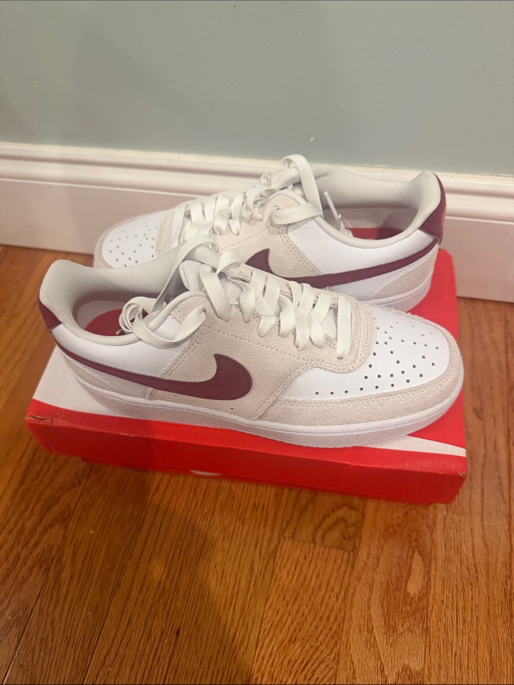 Nike Women's Court Vision White&Tan Sneakers with Maroon Swoosh